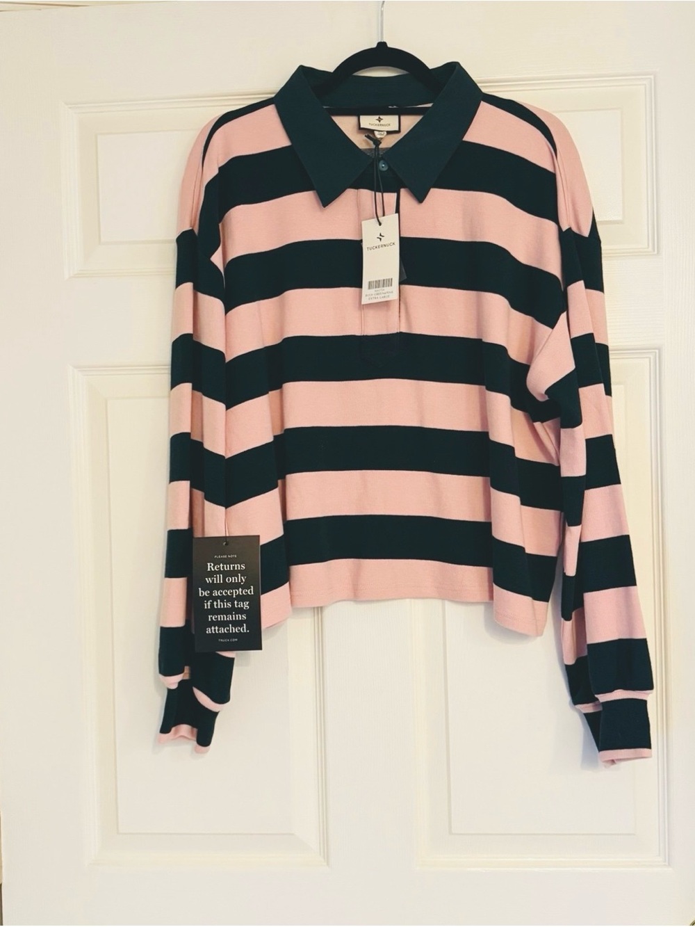 Tuckernuck Top Powder Pink Green Striped Rugby Polo Shirt XL NWT